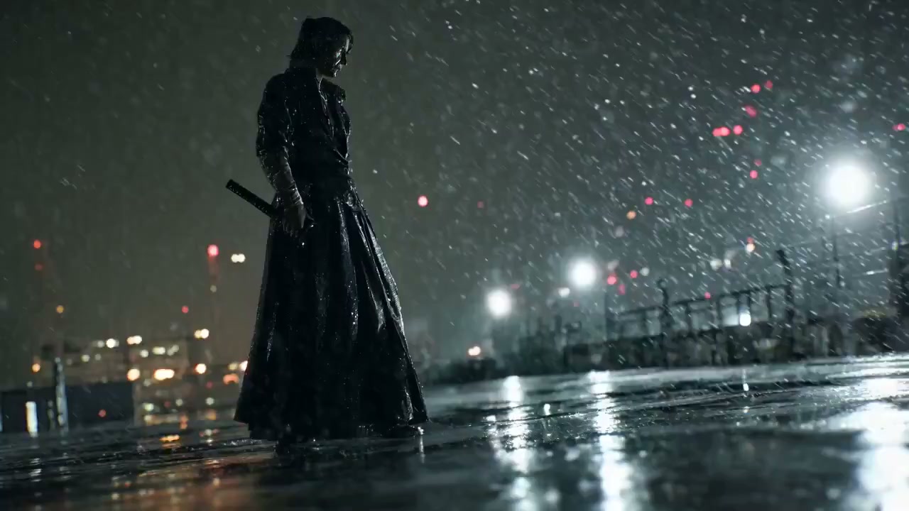 暴风雪夜屋顶伫立的红衣刀锋 · 来源示例