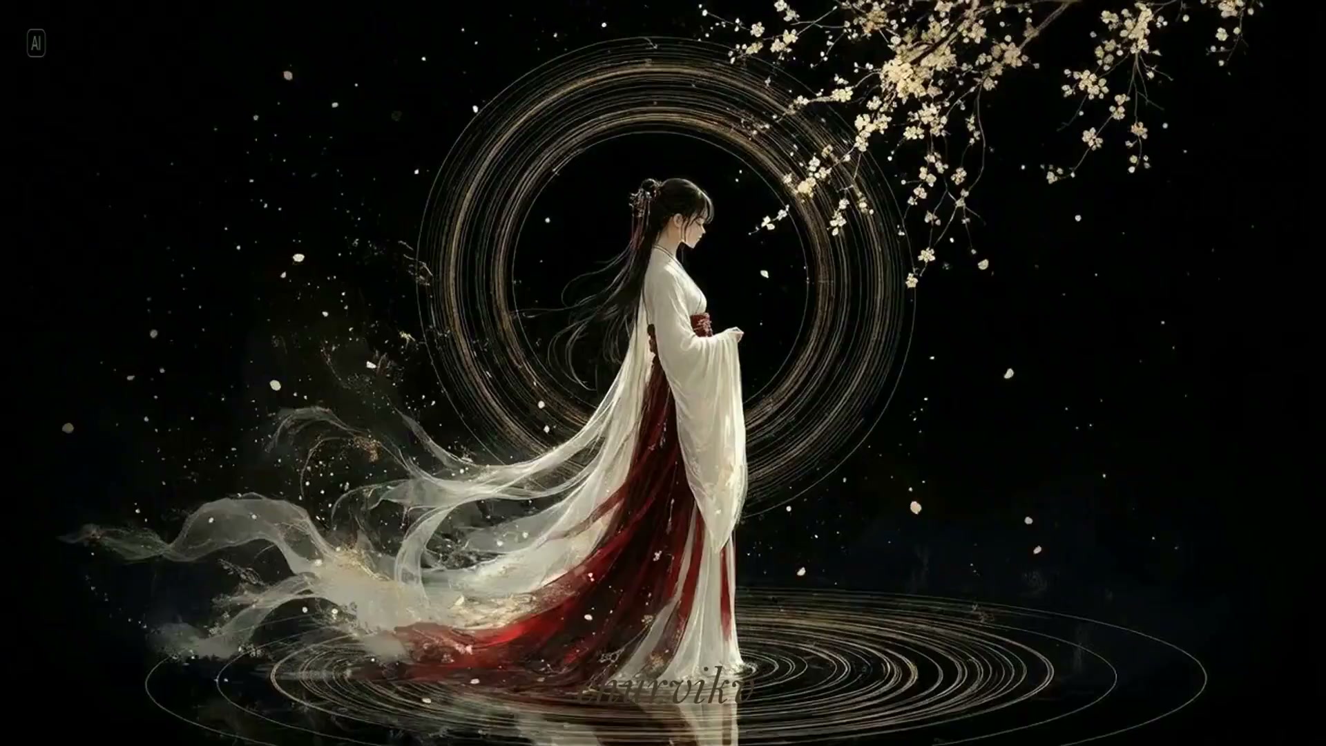 水面惊鸿舞与金色火花的绝美交响 · 来源示例