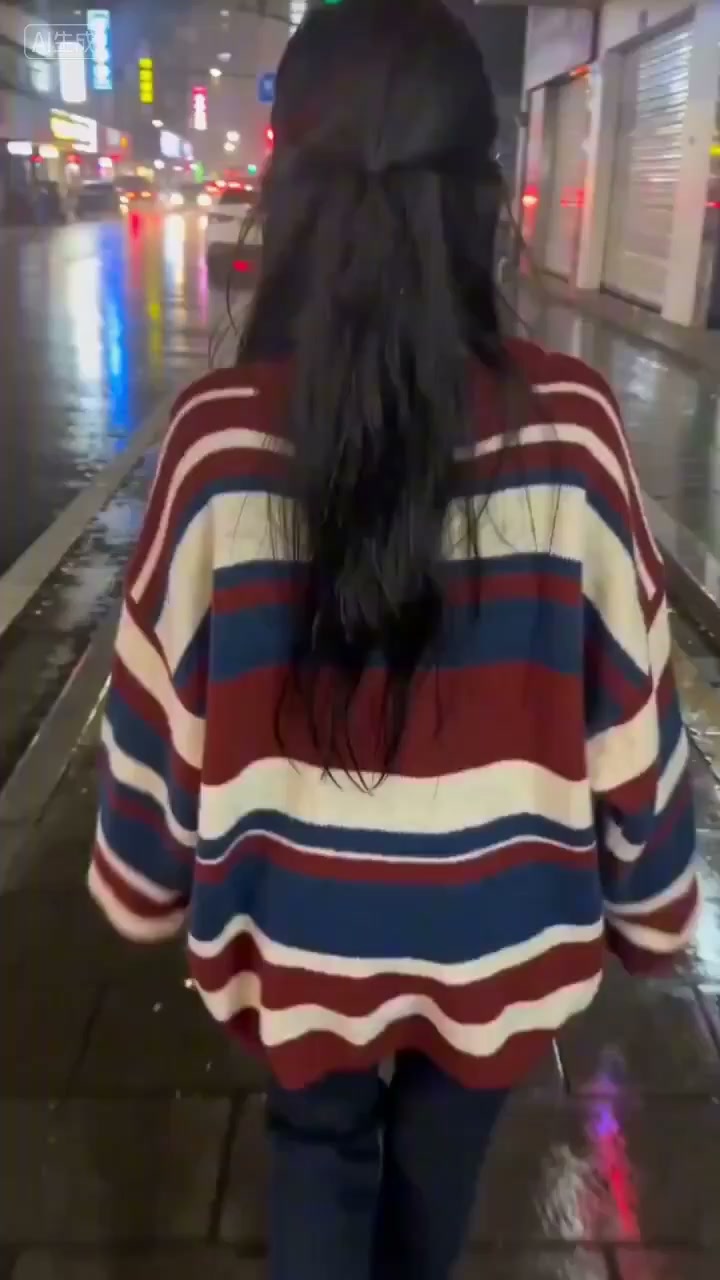 雨夜霓虹街头手持镜头下的回眸甜笑少女 · 来源示例