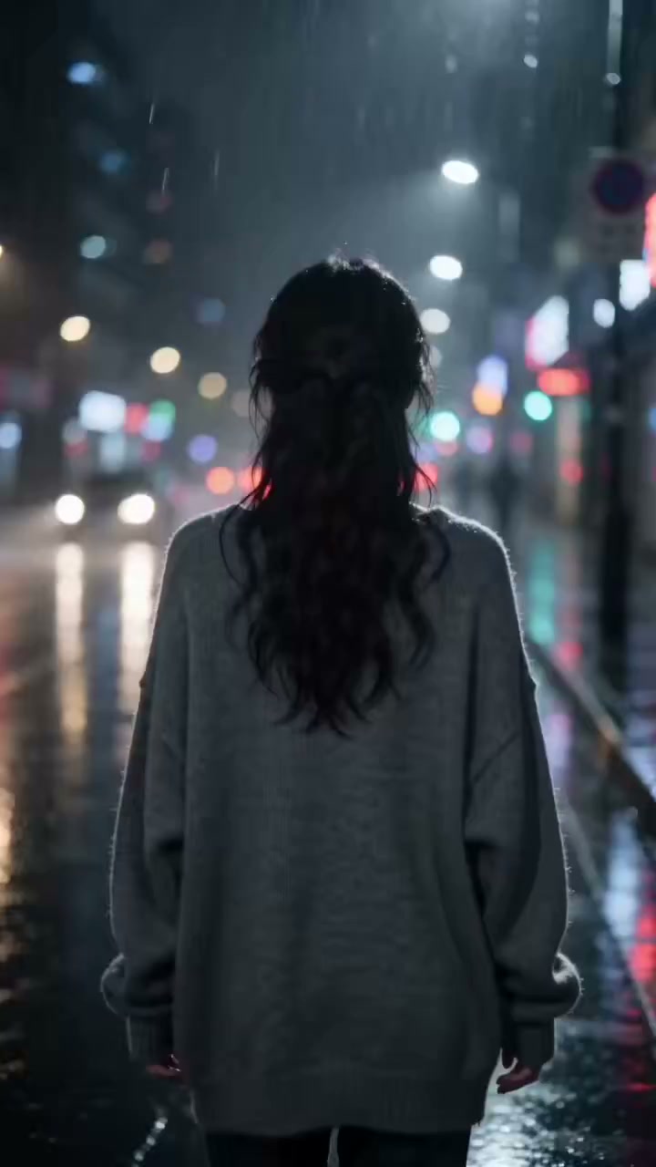 雨夜霓虹下的胶片回眸少女 · 来源示例
