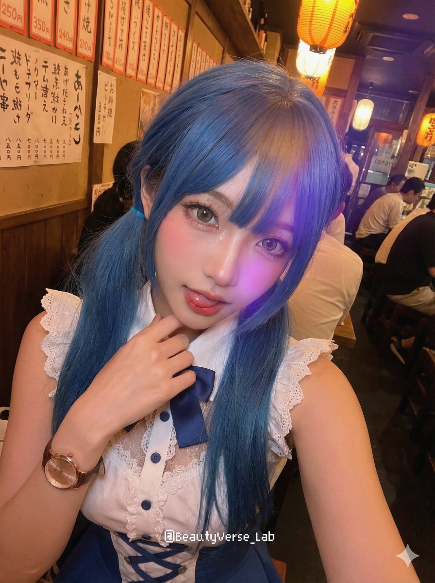 居酒屋微醺氛围下的撩人高角度自拍特写 · 来源示例