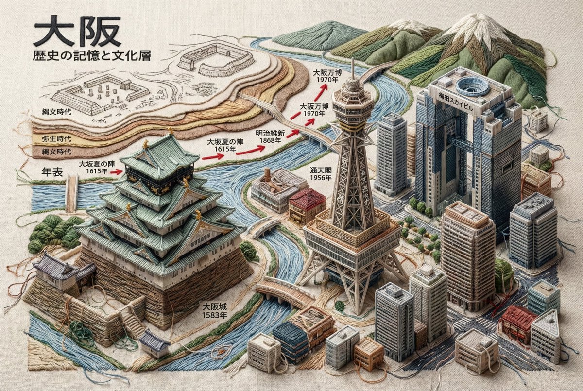 针线交织的超写实立体刺绣城市 · 来源示例