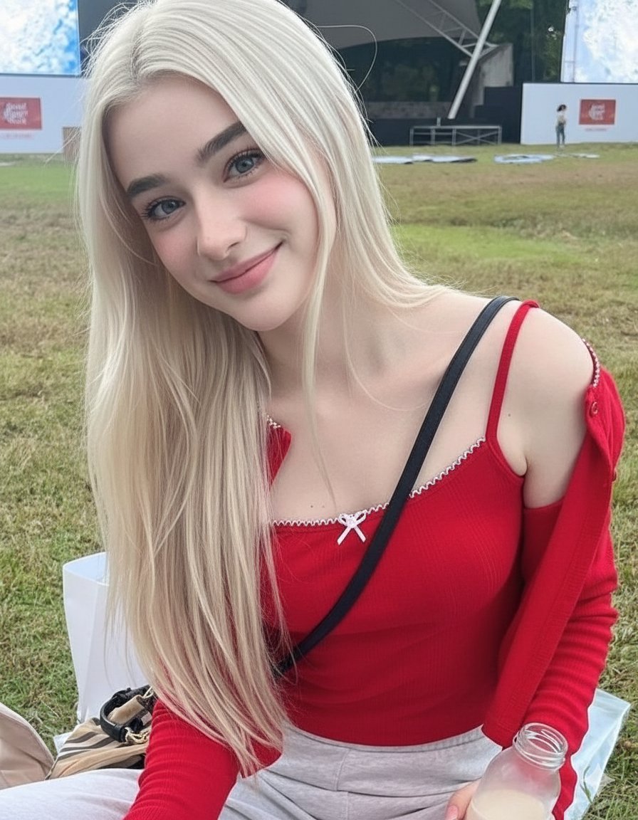 金色阳光下的梦幻金发美少女，夏日公园的极致写实人像 · 来源示例