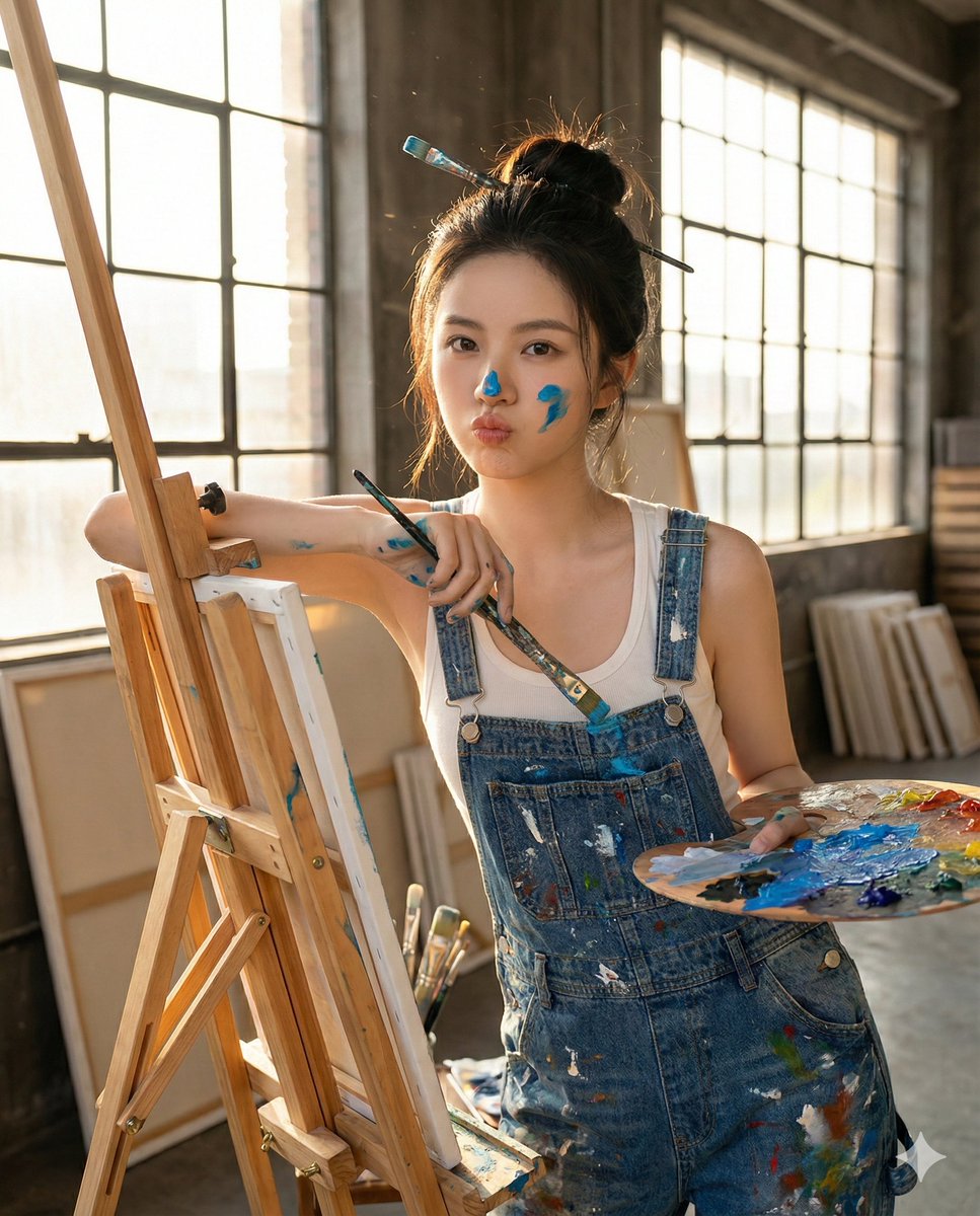 午后阳光画室中俏皮嘟嘴的年轻女画家 · 来源示例