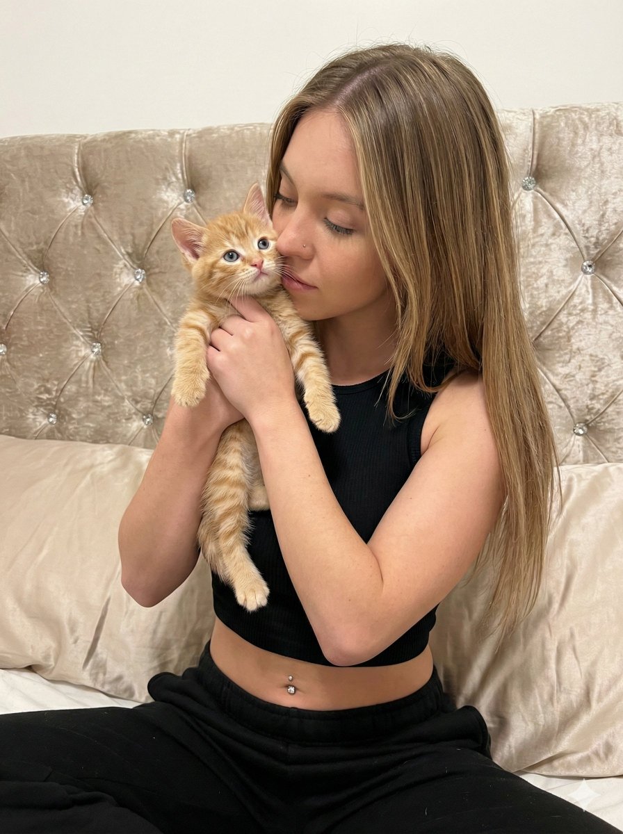好莱坞甜心怀抱姜黄萌猫的温柔时刻 · 来源示例