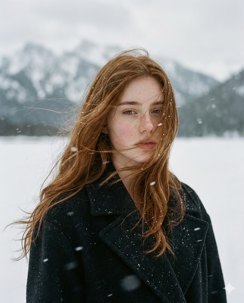 雪山背景下红发少女的电影级写实人像 · 来源示例