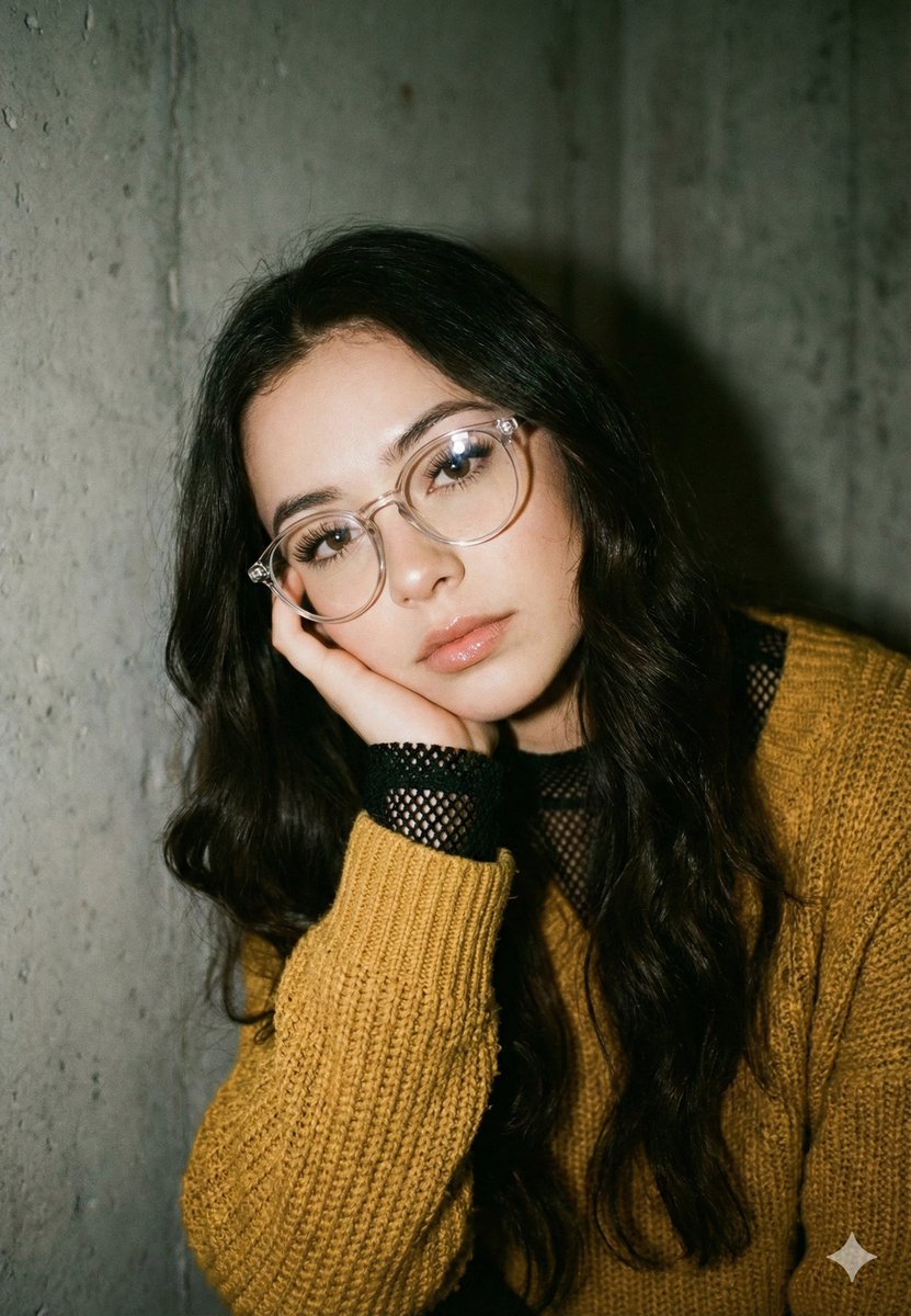 暖调光影下的慵懒针织衫少女 · 来源示例