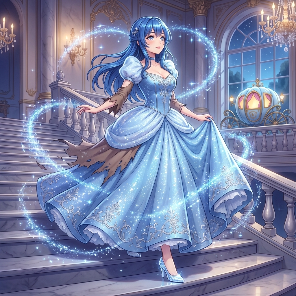 午夜钟声前的蓝裙灰姑娘与璀璨魔法 · 来源示例