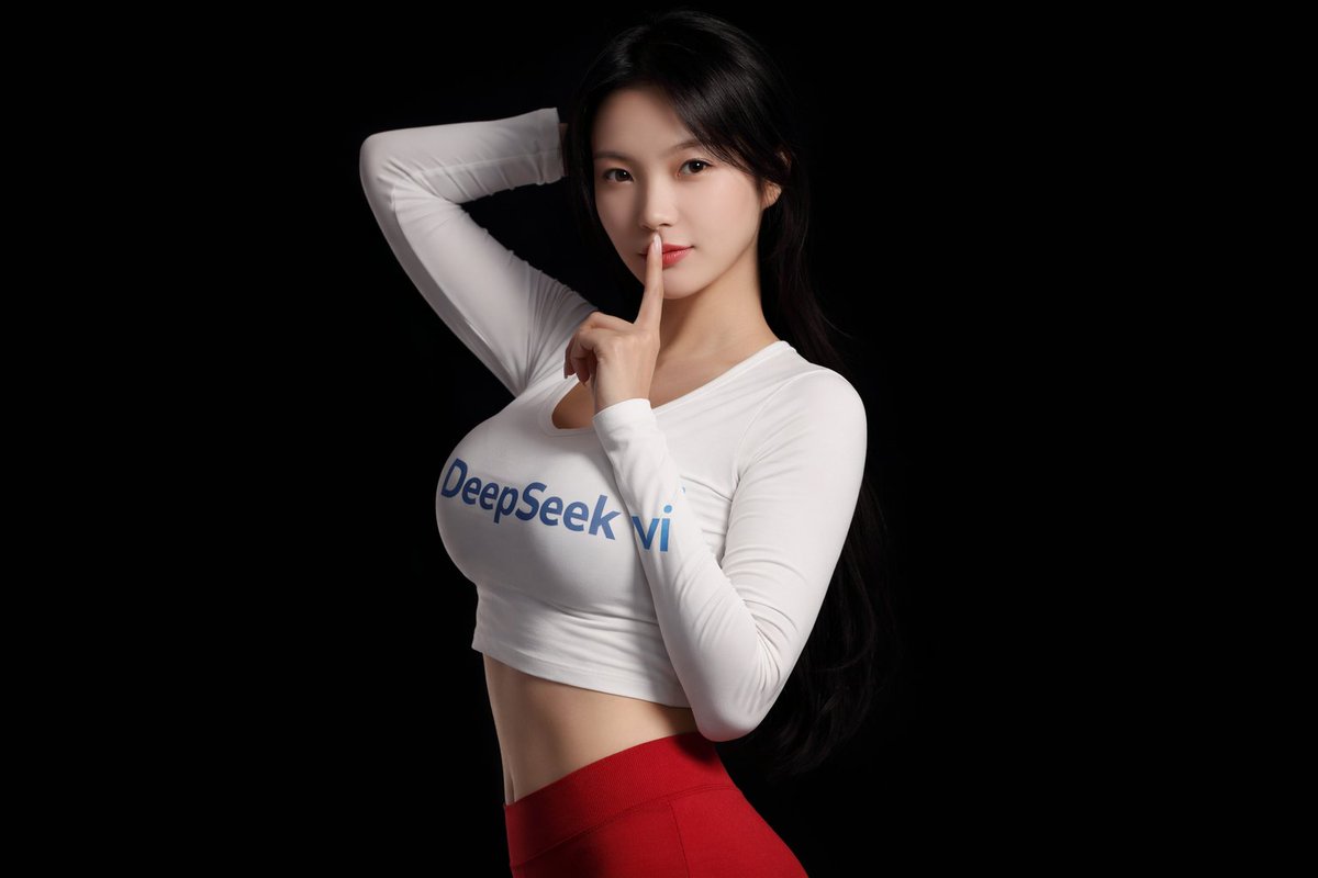 纯黑背景下DeepSeek品牌少女的迷人嘘声侧颜 · 来源示例