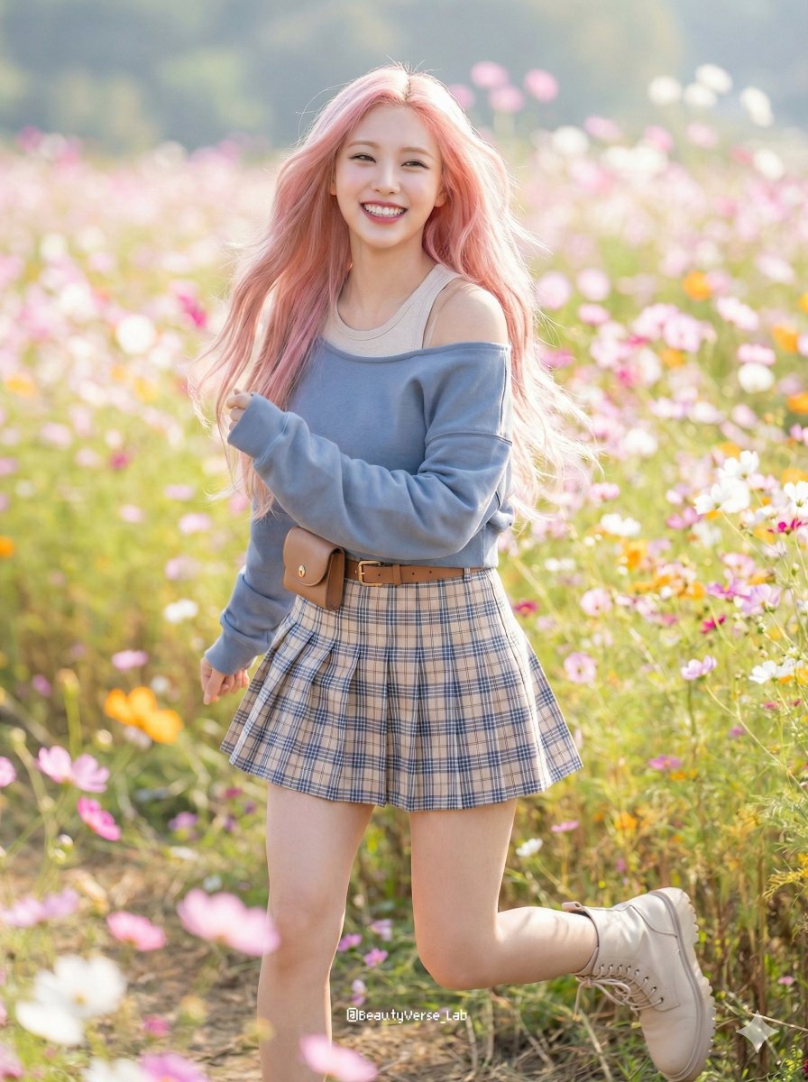 春日花海中奔跑的粉发甜美少女 · 来源示例