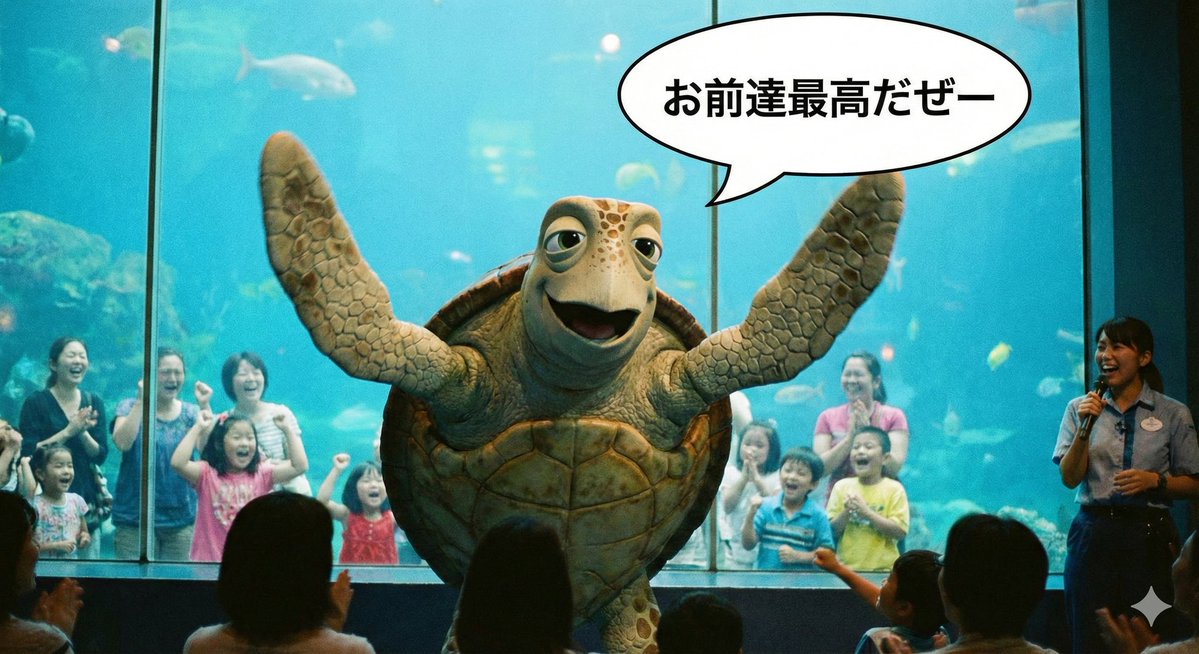 迪士尼风格海龟举双鳍欢呼雀跃 · 来源示例