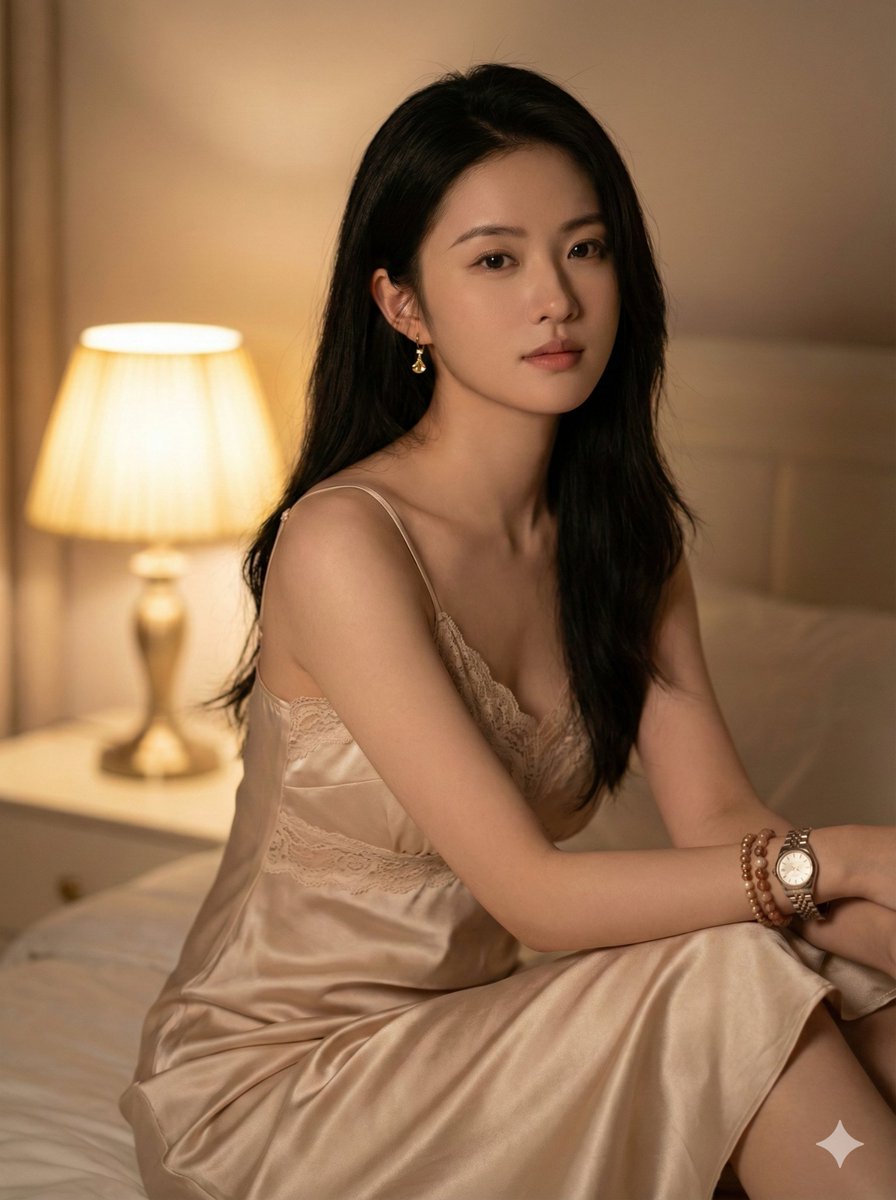 柔光卧室真丝吊带裙，电影质感高颜值人像 · 来源示例