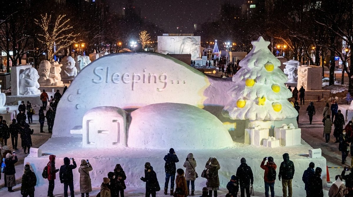 蜷缩在被炉里的慵懒雪雕 · 来源示例