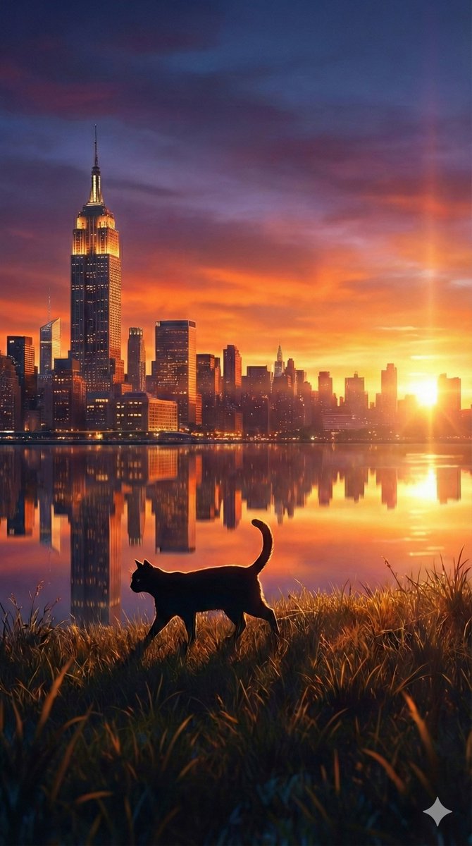 落日余晖下的黑猫与帝国大厦倒影 · 来源示例