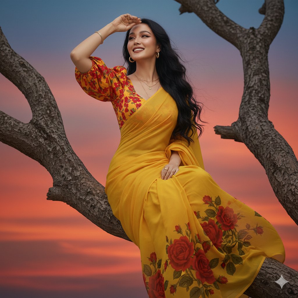 夕阳树枝上眺望的纱丽美人 · 来源示例