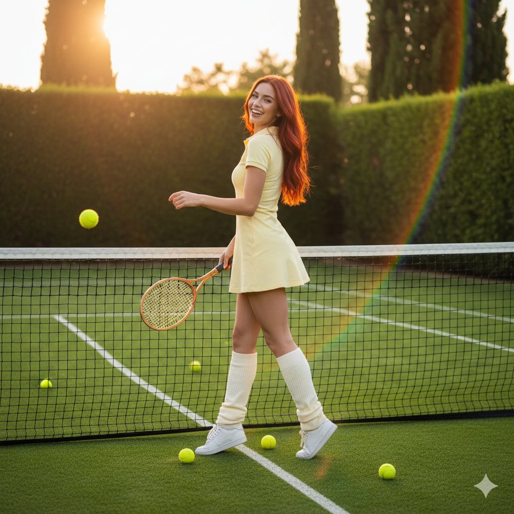 金黄夕阳下回眸一笑的网球少女 · 来源示例