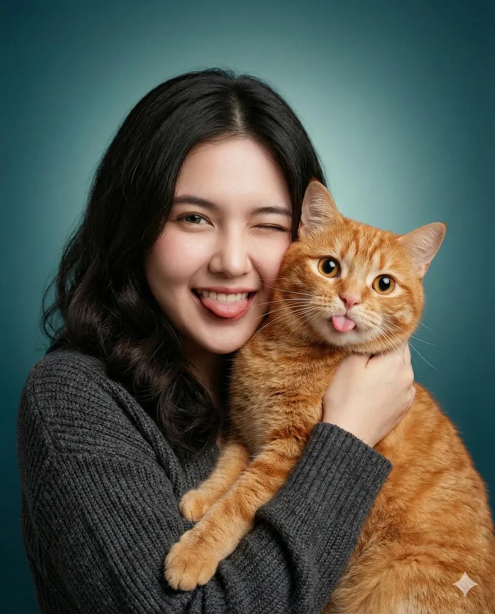 少女轻拥橘猫俏皮吐舌头 · 来源示例