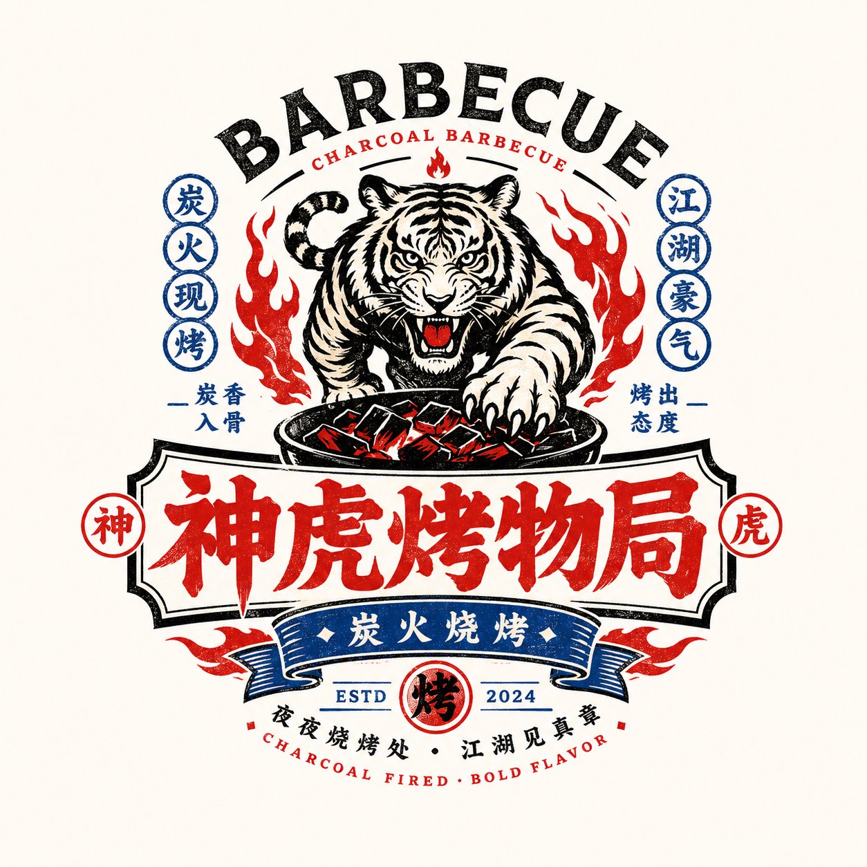 国潮复古餐饮徽章Logo设计提示词 · Additional source example