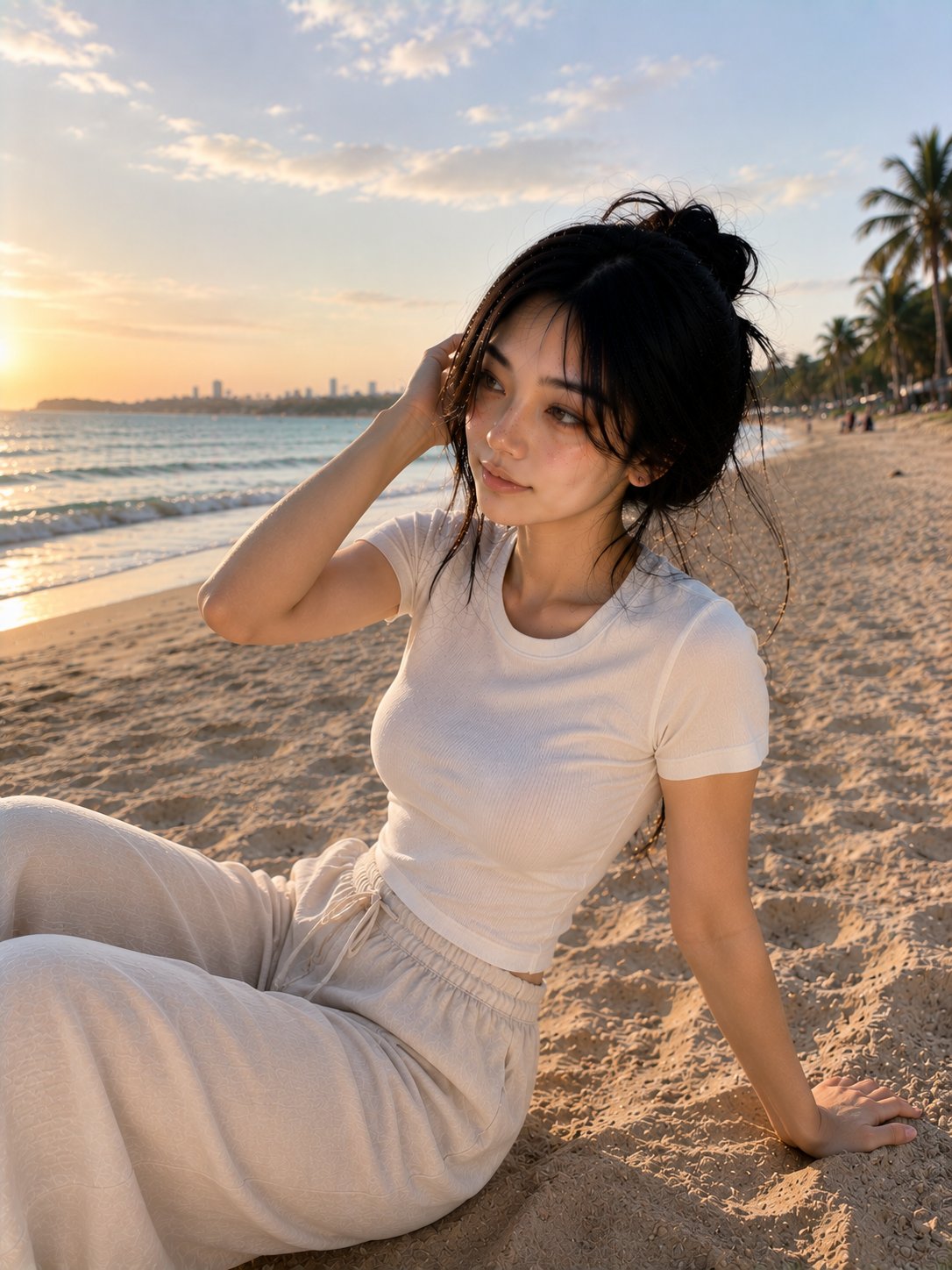 超写实韩系美女海滩夕阳人像 · 其他来源示例