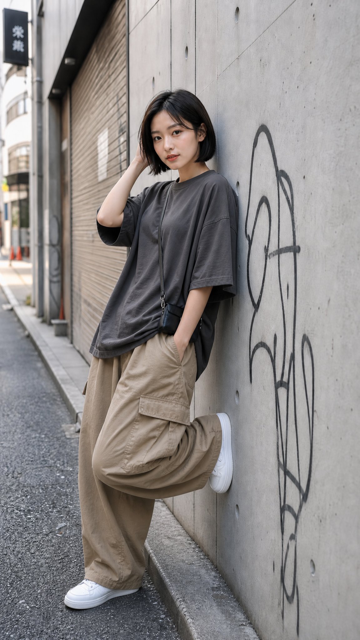 靠墙而立的短发日本女性写实人像 · 其他来源示例