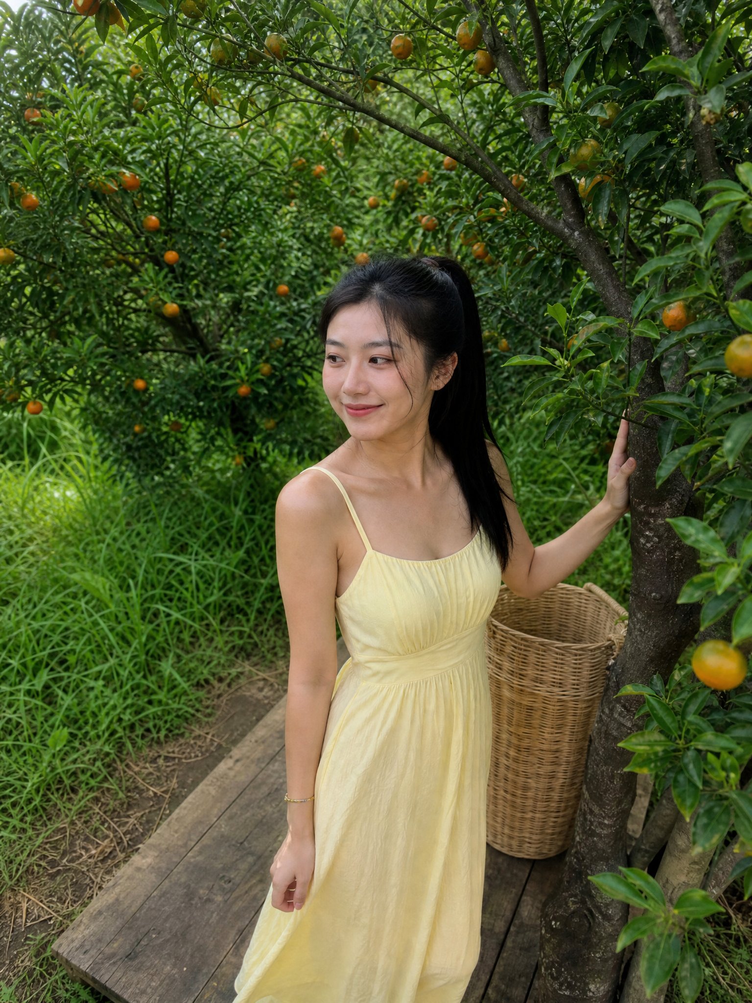 柑橘园木质平台上的韩系清纯少女写真 示例图