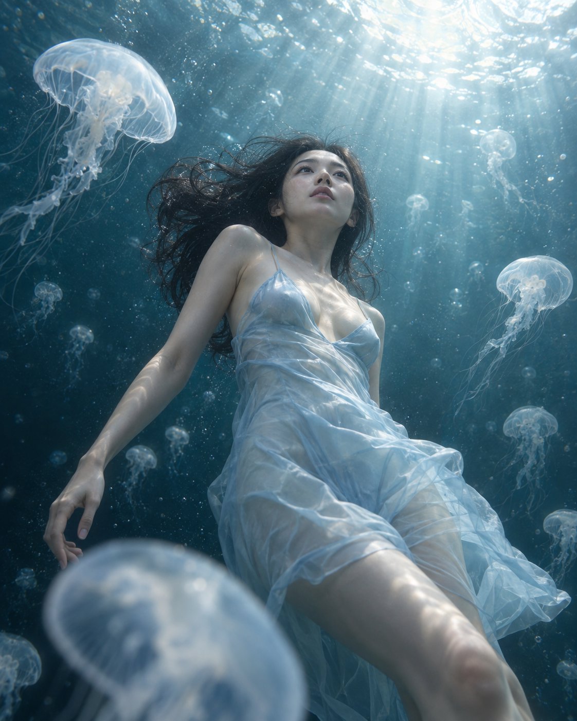 梦幻宁静水下东亚女性写实肖像 示例图