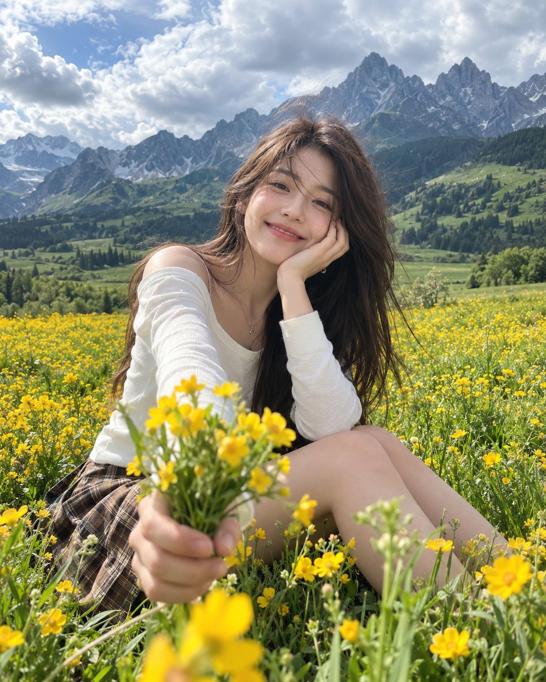 黄色花海中年轻女子与壮丽山脉人像 示例图