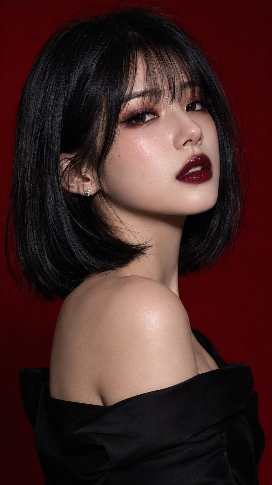 深红背景东亚女性电影感美妆肖像 示例图