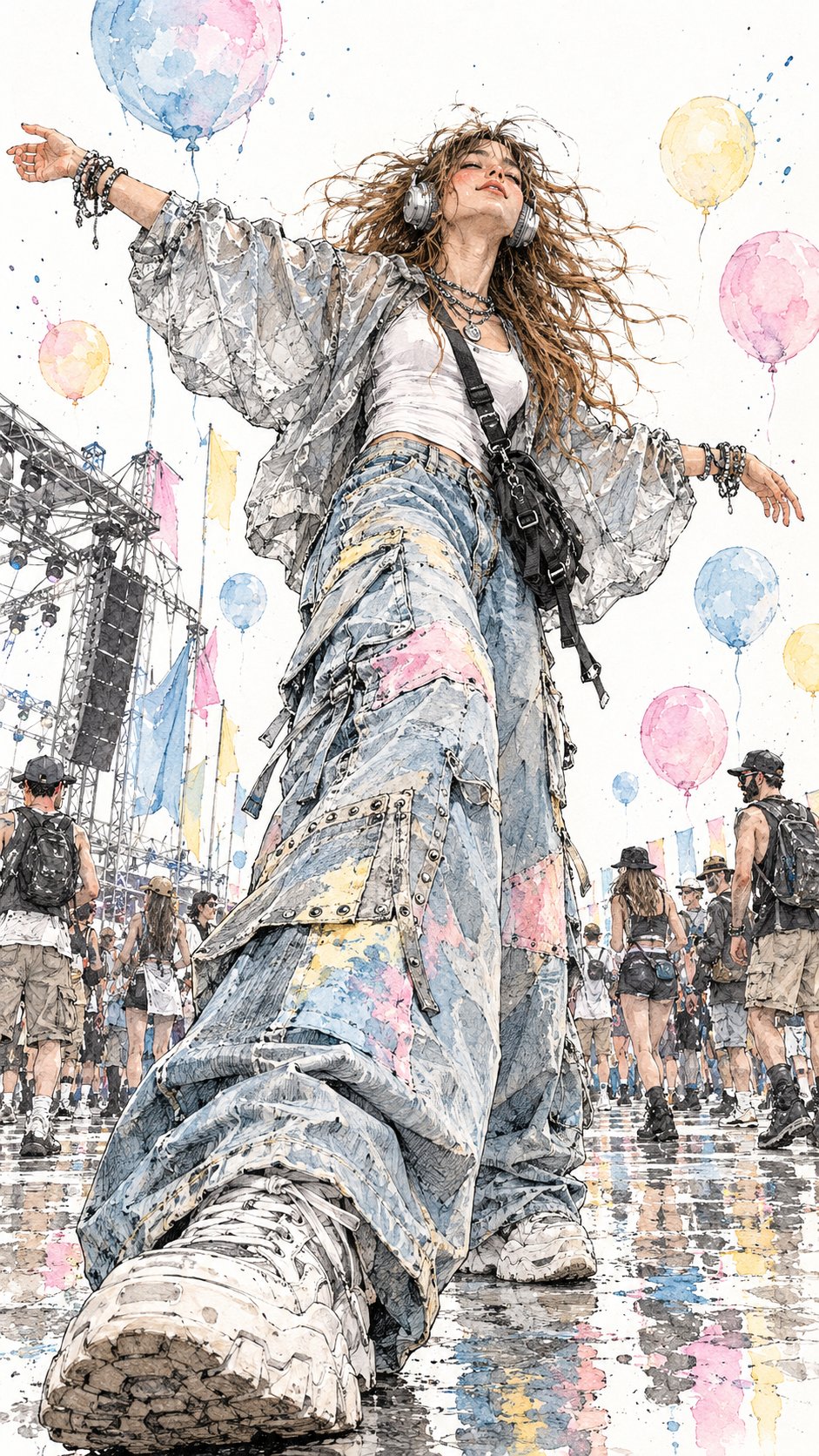 户外音乐节起舞少女水墨插画 示例图