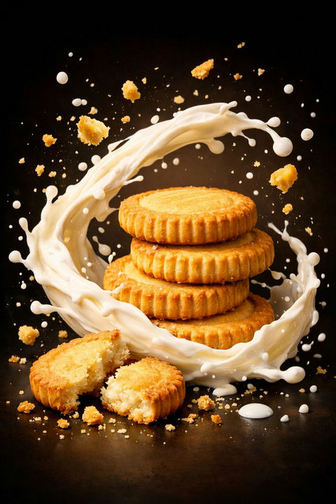 极致奢华商业风饼干与牛奶飞溅的视觉盛宴 - AI图片提示词示例