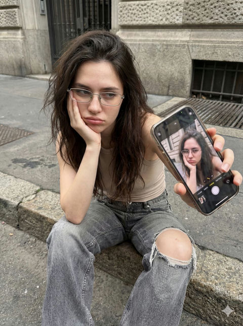 都市街头少女手持手机画中画摄影 - AI图片提示词示例