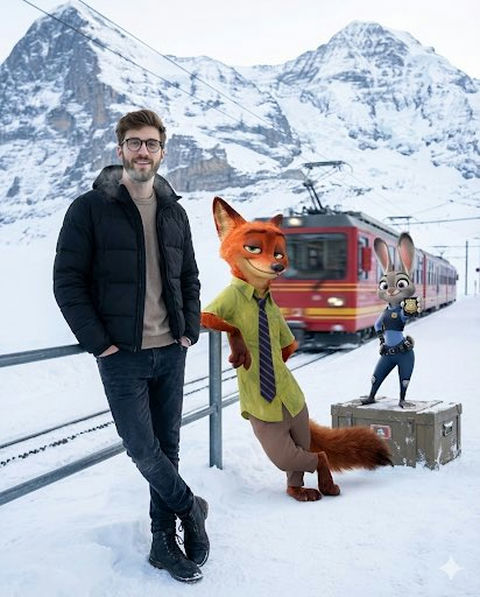 疯狂动物城真人穿越阿尔卑斯雪山车站之旅 - AI图片提示词示例