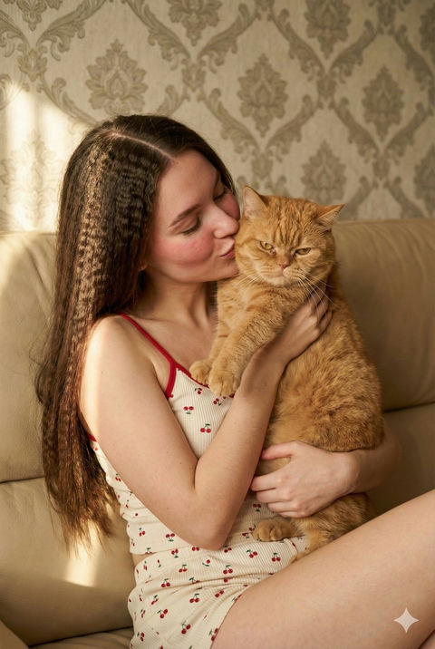 午后暖阳下穿着樱桃睡衣少女亲吻橘猫 - AI图片提示词示例