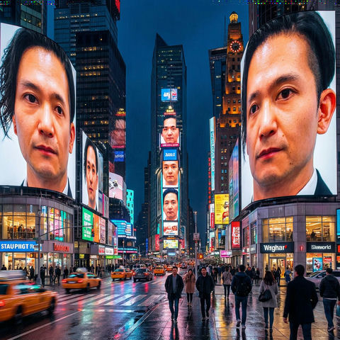 满城巨型广告牌皆是我特写的超现实都市 - AI图片提示词示例