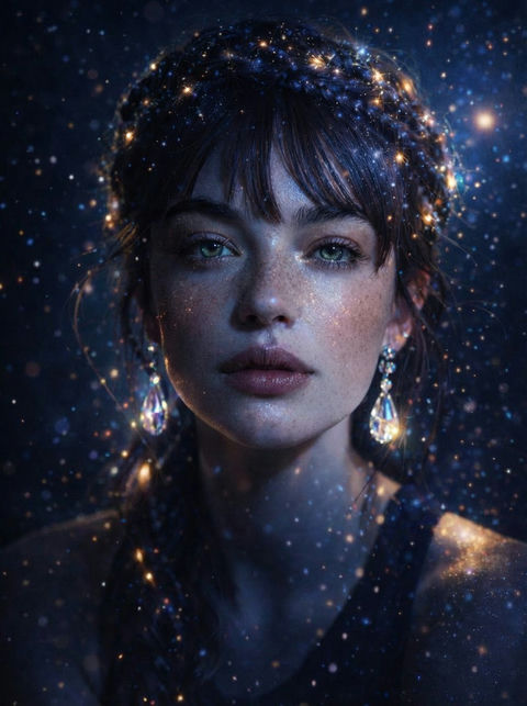 星尘沐浴的梦幻少女电影感肖像 - AI图片提示词示例