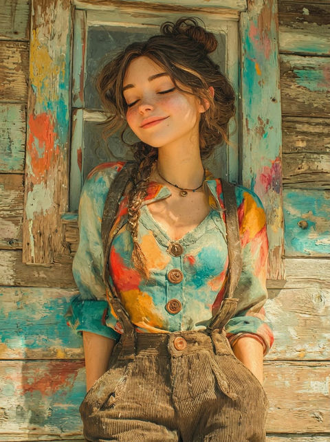 梦幻光影下的复古穿搭文艺少女 - AI图片提示词示例