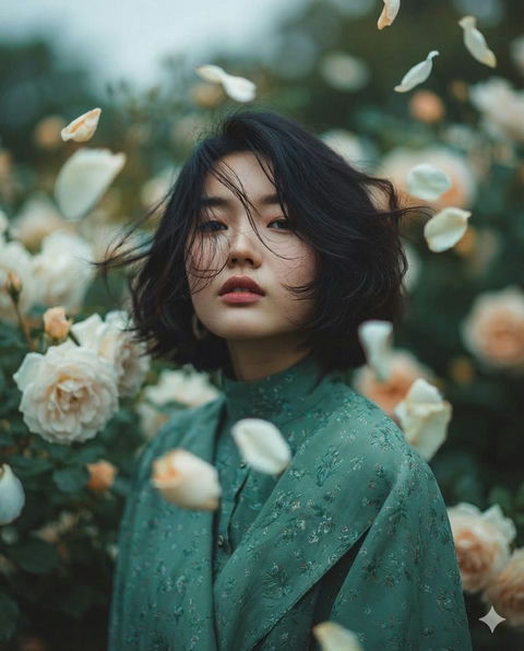 漫天飞花下的复古少女与梦幻花园 - AI图片提示词示例