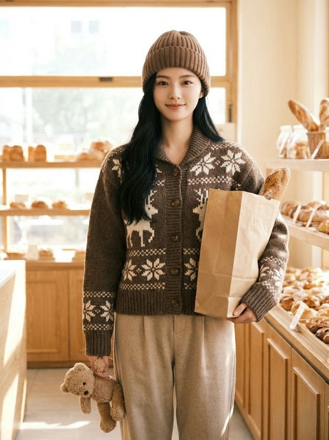 晨光面包店里怀抱法棍的治愈系少女 - AI图片提示词示例