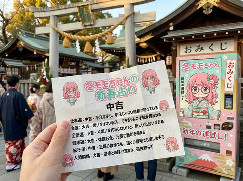 神社初诣手持御神签的真实感摄影 - AI图片提示词示例