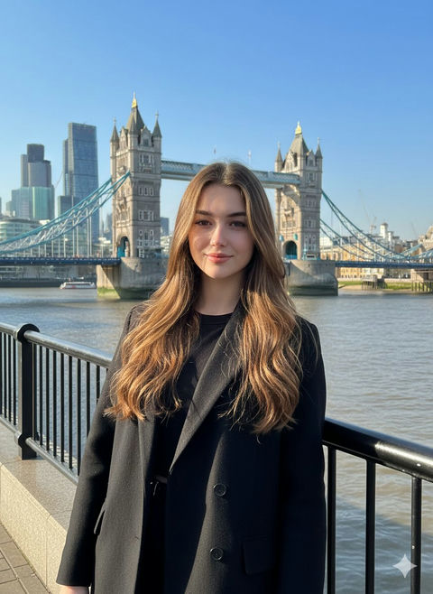 伦敦塔桥下的黑衣女子写实旅行人像 - AI图片提示词示例