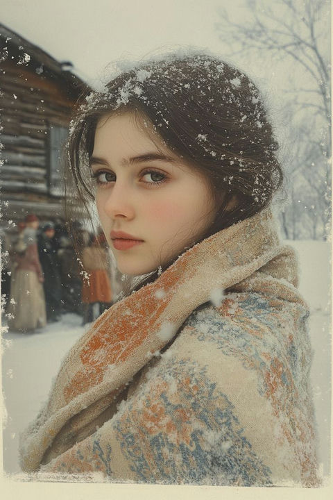 漫天飞雪中裹着羊毛披肩的清冷少女 - AI图片提示词示例