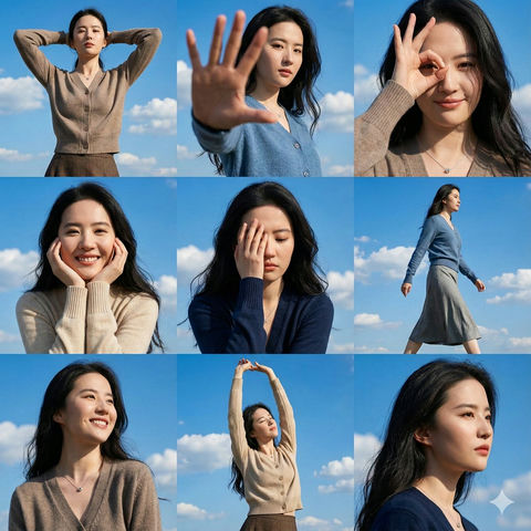 蔚蓝天际下的九宫格时尚写真大片 - AI图片提示词示例