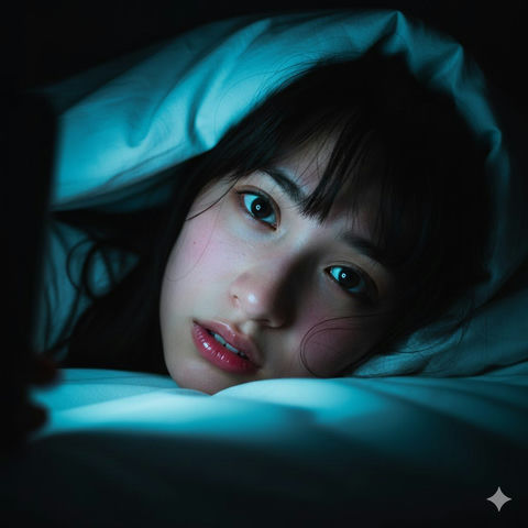 深夜被窝里手机蓝光下的心动特写 - AI图片提示词示例