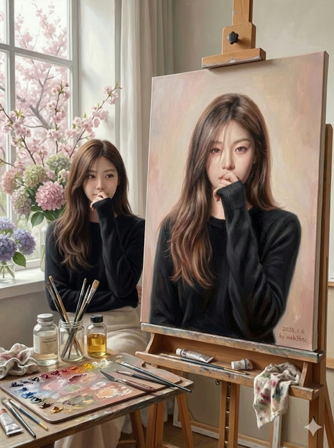 柔光画室里的浪漫写实油画与鲜花少女 - AI图片提示词示例