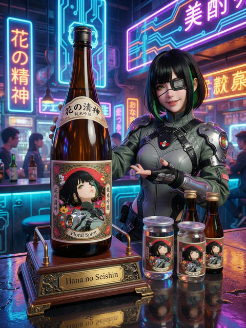 日式幻想风清酒瓶设计，角色拟人化的微醺美学 - AI图片提示词示例