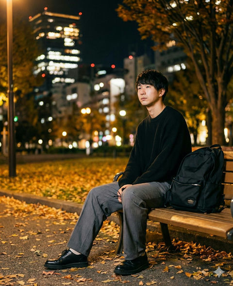 韩系男友感男生秋夜公园九宫格写真 - AI图片提示词示例