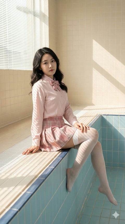 斑驳光影下泳池边的粉色制服女神 - AI图片提示词示例