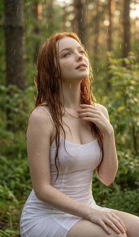 金色雨林光影下沐浴细雨的红发少女 - AI图片提示词示例