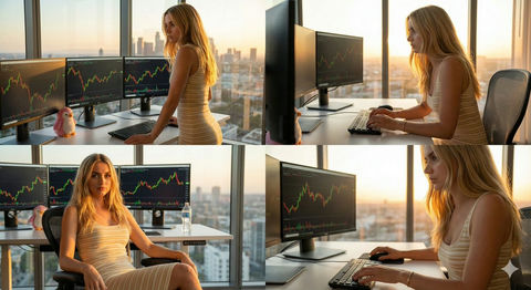 落日余晖下的都市金发女交易员拼贴 - AI图片提示词示例