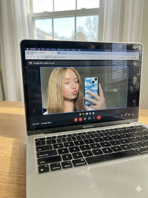 阳光办公桌上超写实的MacBook视频通话 - AI图片提示词示例